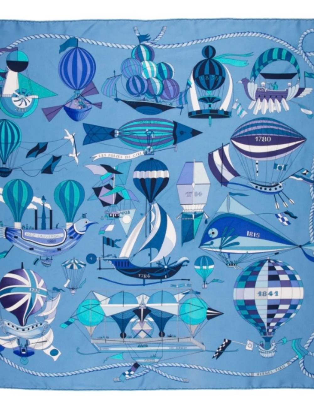 Hermes Les Folies du Ciel Carre 90 Silk Scarf Loic Dubigeon Blue Turquoise